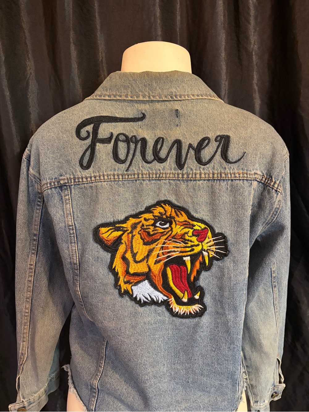 Love Tree Light Blue Denim Jacket with Tiger Patch and 'Forever' Script